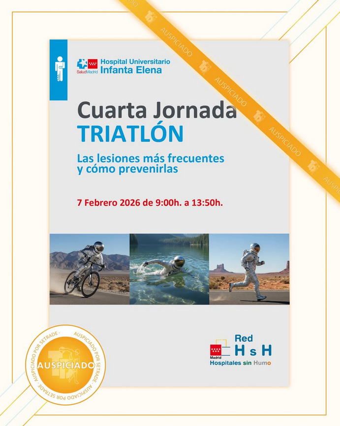 El 7/2/2026; "IV Jornada de Triatlón" <a href="/HUInfantaElena/">Hosp. Infanta Elena</a> sobre lesiones y prevención. ✍🏻sobreuso como patrón dominante; control de carga+fuerza como ejes; material como factor modificable; transiciones y fatiga = degradación técnica; salud mental influye en recuperación/adherencia.