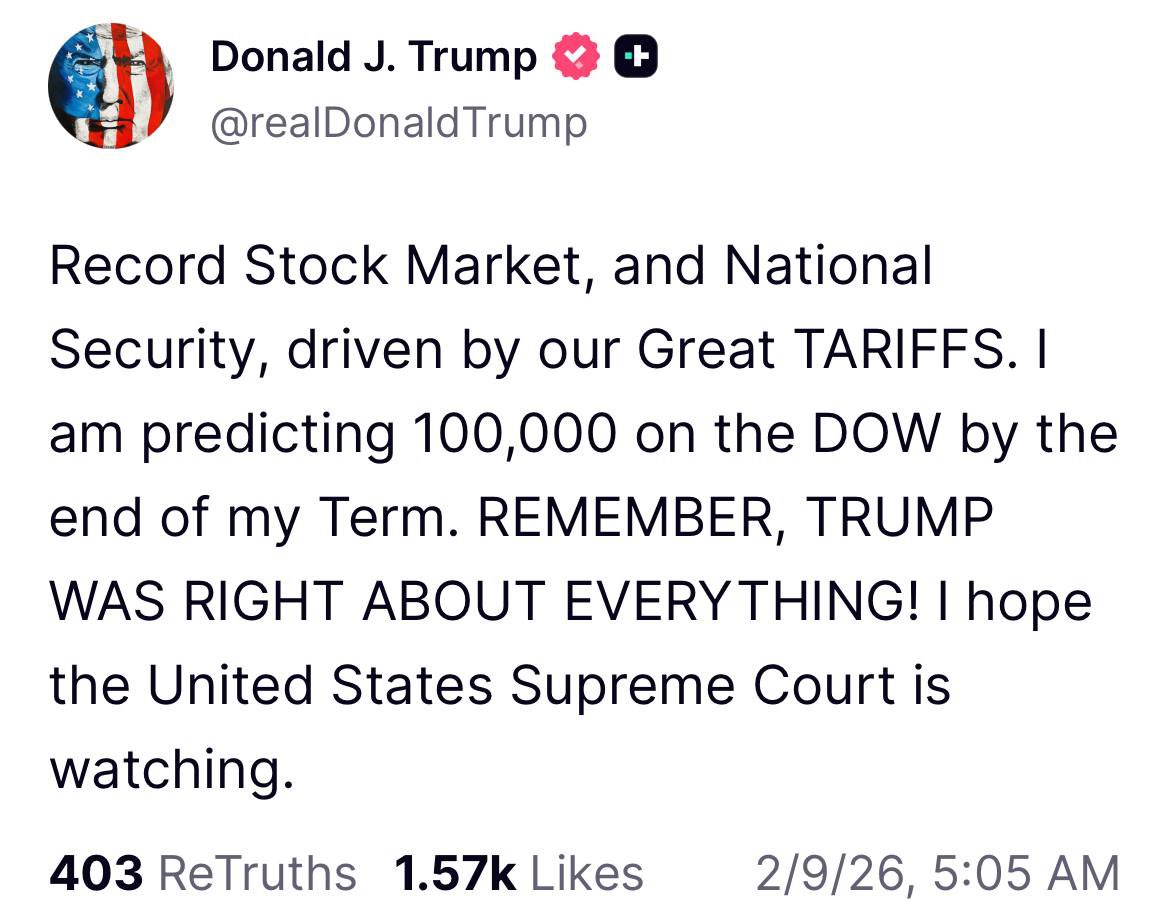 AshCrypto's tweet image. BREAKING: 

🇺🇸 President Trump predicts Dow Jones will hit 100,000 by the end of his term, for the second time in the last 24 hours.