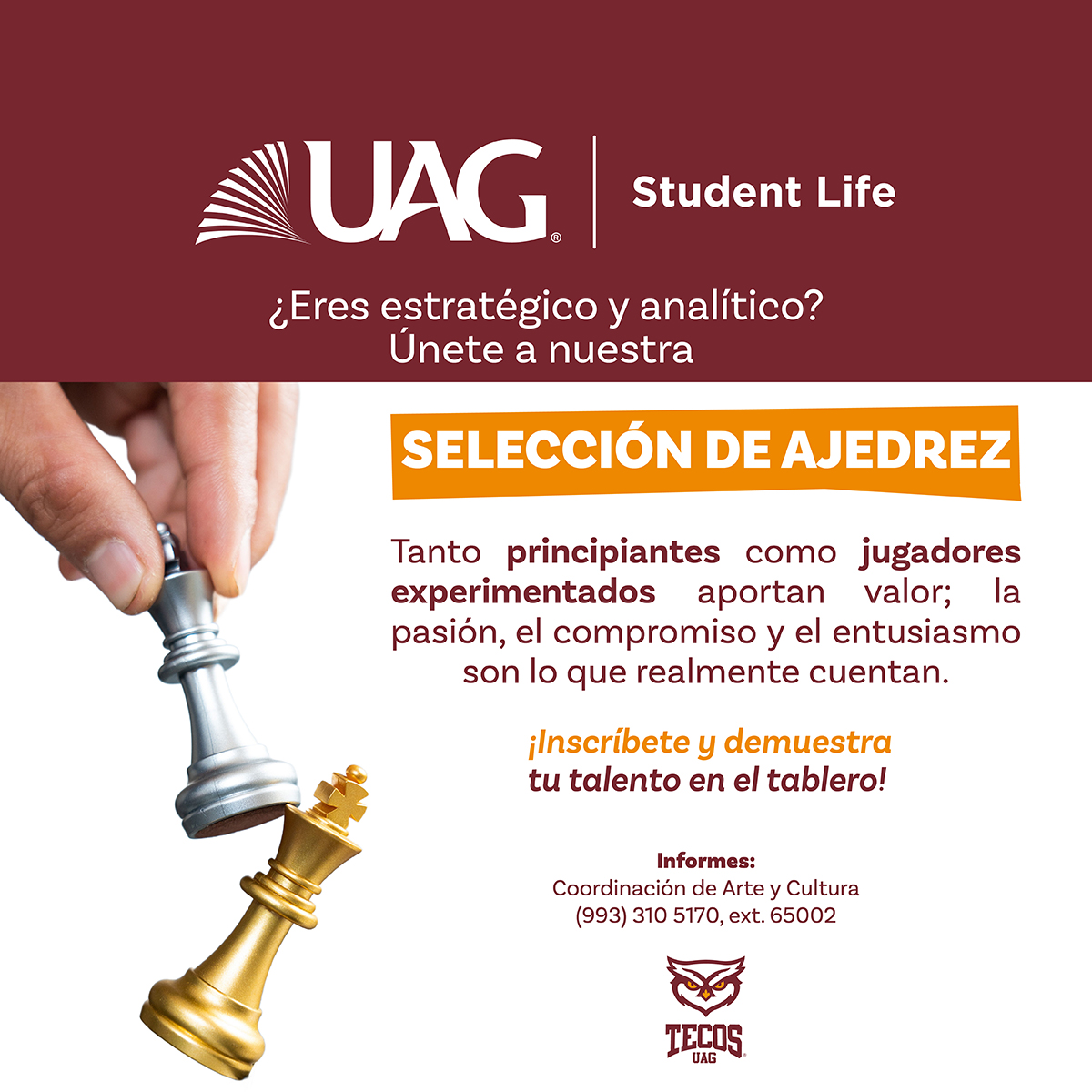 ♟️🦉 Forma parte de nuestra 𝗦𝗲𝗹𝗲𝗰𝗰𝗶ó𝗻 𝗱𝗲 𝗔𝗷𝗲𝗱𝗿𝗲𝘇

Un espacio para desarrollar habilidades como la concentración, el pensamiento estratégico y la toma de decisiones.

📌 ¡Inscripciones abiertas!