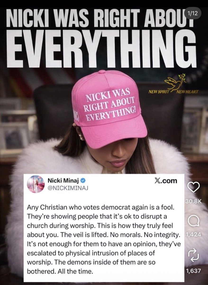 Nicki Minaj just dropped truth bombs on Christians backing Democrats: "Any Christian who votes democrat again is a fool. They're showing people that it's ok to disrupt a church during worship. This is how they truly feel about you. The veil is lifted. No morals. No integrity."