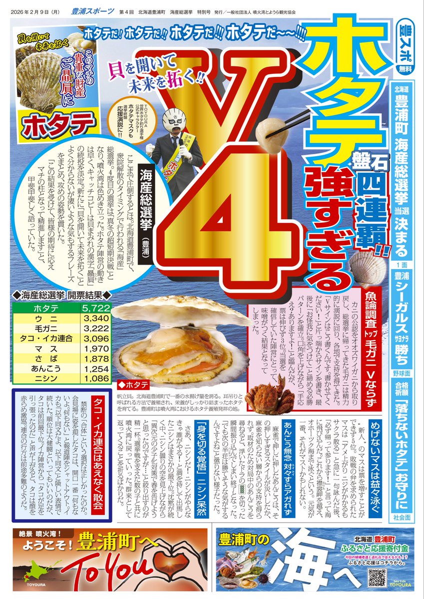 豊浦スポーツ📰　
海産総選挙 特別号

#海産総選挙
#歴史的大勝 
#ホタテ