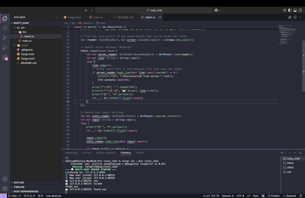 DevShezzy's tweet photo. Built a high-concurrency TCP chat engine in #Rust.

Powered by Tokio for non-blocking I/O. Broadcast Architecture: 1-to-many message distribution. Safe Concurrency: Zero data races using into_split() ownership.  🦀⚡️

https://t.co/vNPdZWdau9

#RustLang #Coding https://t.co/fg5GeUKwqA