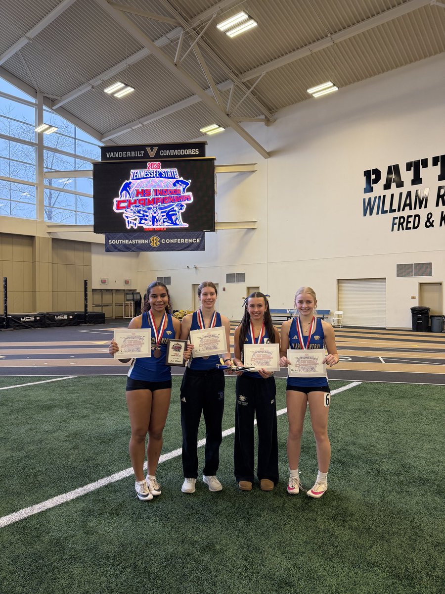 track_wilson's tweet photo. Girls 4x400 meter relay team finishes 3rd today at the Tennessee Indoor State Championships with an indoor school record time of 4:10.35. Team members were Callie Turner, Venus Campos, Avery Bilter, Emma Nelson #WildcatBuilt #FastToFaster https://t.co/iTNrBLJOAa