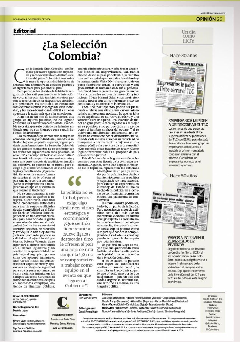 “La Gran Consulta podría ser un punto de inflexión. Pero necesita con urgencia definirse como algo más que un mecanismo electoral. 

Lo que está en juego es mayor que cualquier candidatura individual: esta consulta podría ser la plataforma de una verdadera Selección Colombia.

Si