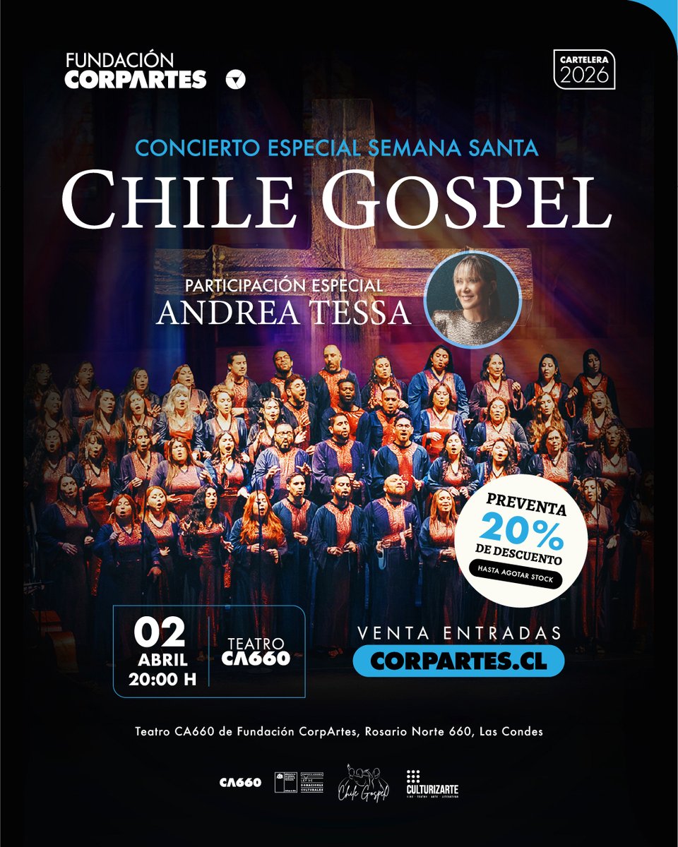 CorpArtes's tweet photo. CHILE GOSPEL EN SEMANA SANTA💫
El próximo 2 de abril, ven a vivir una noche llena de luz junto a #ChileGospel y la participación especial de #AndreaTessa.

🎟️Asegura tus asientos en preventa antes de que se agoten: https://t.co/AIqRpvilF8

#Chile #Santiago #SemanaSanta #LasCondes https://t.co/z6Fk7gnbND