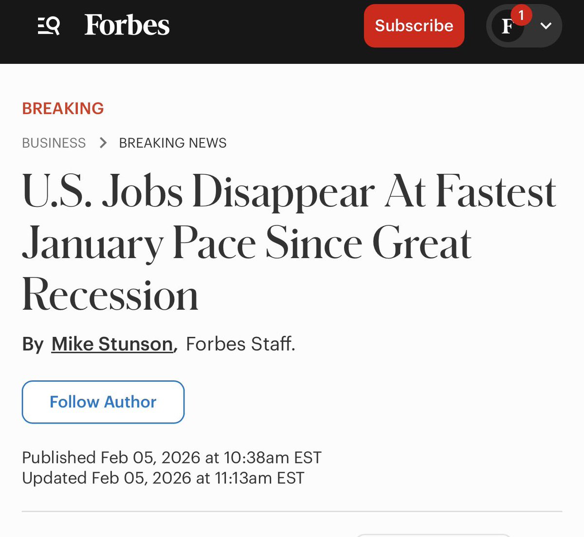 DrEricDing's tweet image. 🔻JOBS DISAPPEAR AT FASTEST JANUARY PACE SINCE GREAT RECESSION—The 108,435 job cuts last month represented a 118% jump from the same period last year and the most in any January since 2009, when the U.S. was reeling from the Great Recession triggered by a housing market.