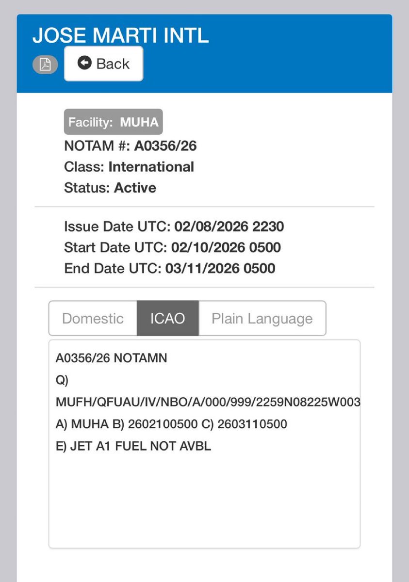 🇨🇺 AHORA: URGENTE 🚨: NOTAM informa en el Aeropuerto Internacional José Marti en La Habana, Cuba, que para el día de mañana, las aerolíneas se quedarán sin combustible.