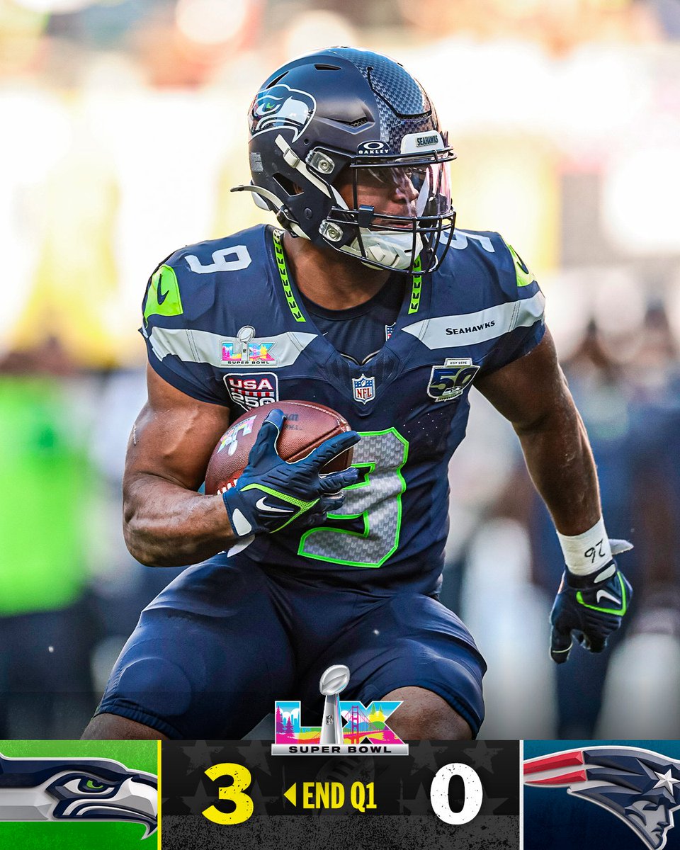 A field goal is the difference through one quarter.

Super Bowl LX on NBC
Stream on <a href="/NFLPlus/">NFL+</a> + Peacock