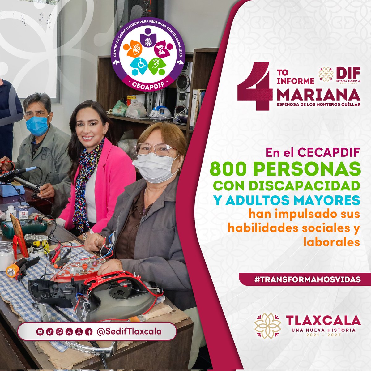 ✨ Transformar vidas es nuestra mayor satisfacción. En el #CECAPDIF, 800 personas con discapacidad y adultos mayores fortalecieron sus habilidades sociales y laborales. 🛠️ El talento no tiene límites. 💜
#TransformamosVidas #4toInformeSEDIFTlaxcala <a href="/Mariana_tlx/">Mariana Espinosa de los Monteros</a> <a href="/SedifTlaxcala/">SEDIF Tlaxcala</a>