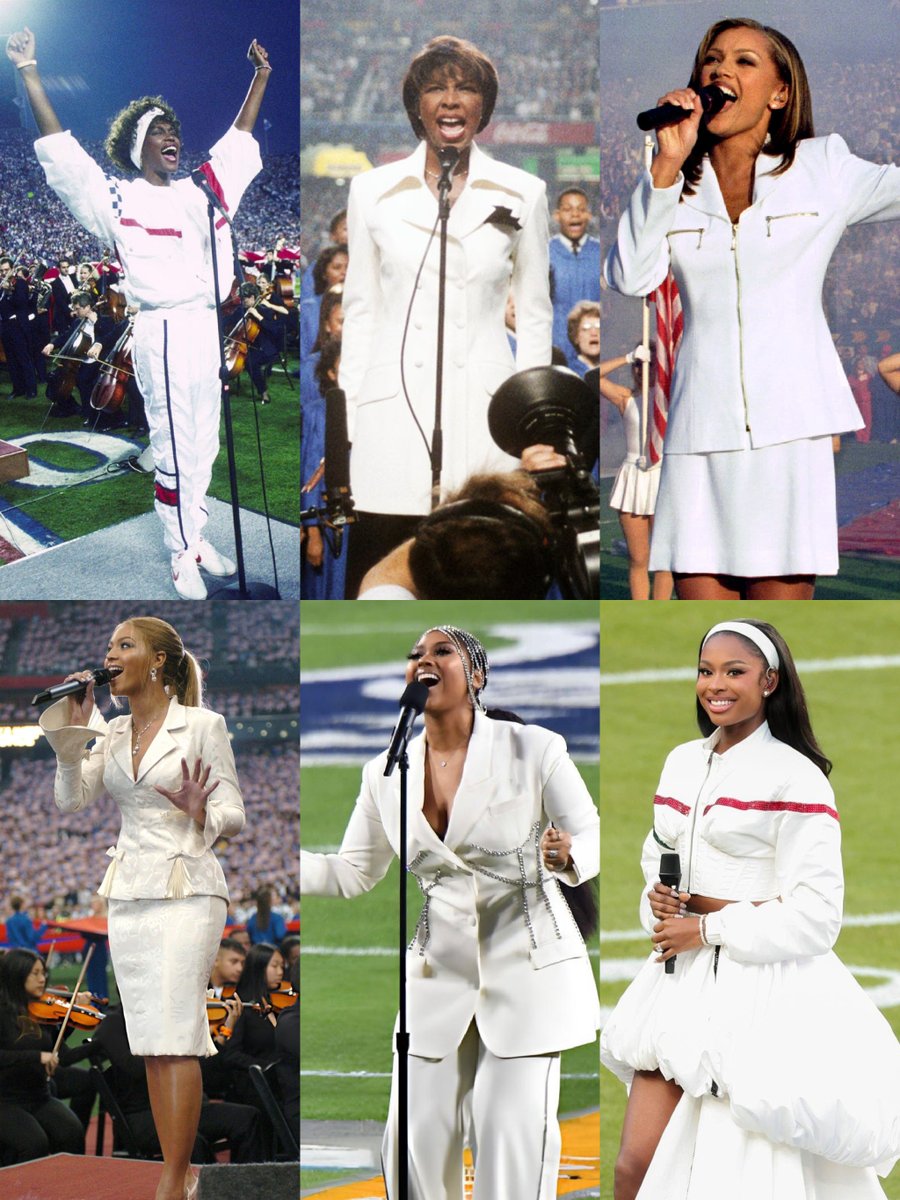 White suits at the Super Bowl:

• Whitney Houston (1991)
• Natalie Cole (1994)
• Vanessa Williams (1996)
• Beyoncé (2004)
• Jazmine Sullivan (2021)
• Coco Jones (2026)