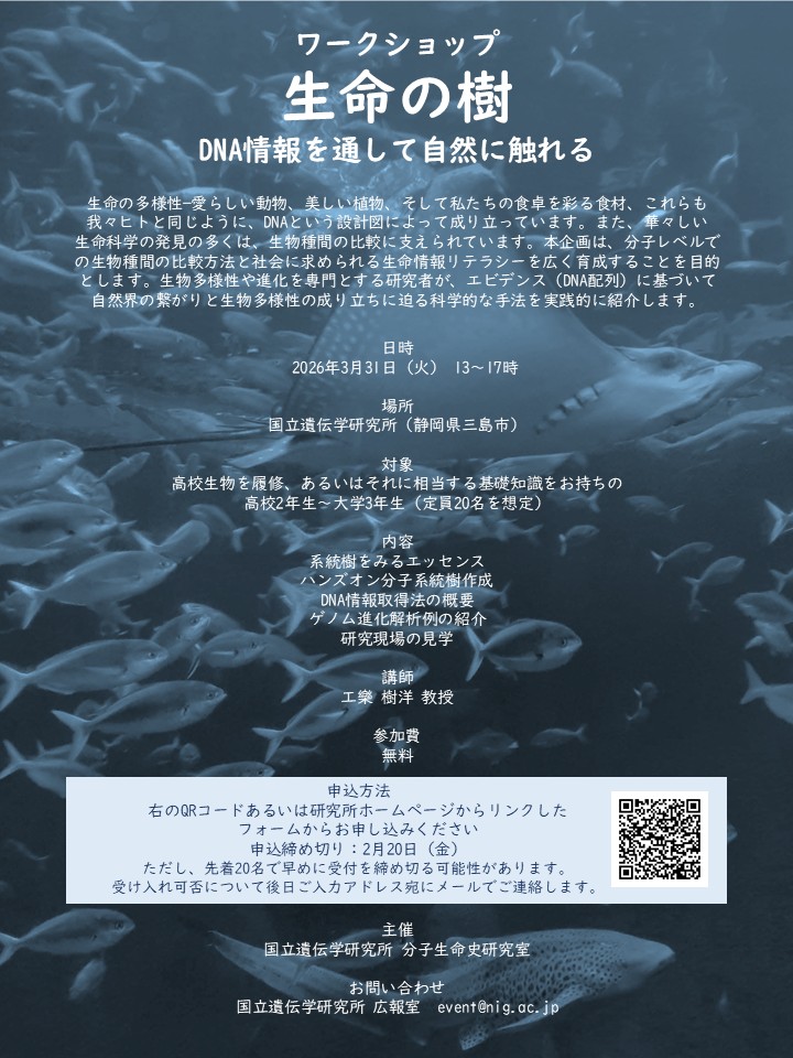 NIG_idenken's tweet photo. 【募集】ワークショップ「生命の樹」
DNA配列に基づく分子系統解析を体験します。系統樹作成のハンズオンや研究現場見学を実施。
3月31日（火）13:00～17:00
国立遺伝学研究所
対象：高校2年生～大学3年生
参加費無料／定員約20名
https://t.co/wkI1MpPTvT
#DNA #進化 #生物多様性 #ワークショップ https://t.co/D0WAlLEsJA