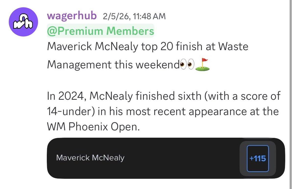 wagerhubbets's tweet photo. Had another easy cash with Maverick McNealy finishing top 20 in the #wmopen 🔥 https://t.co/ux1MWWKTL8