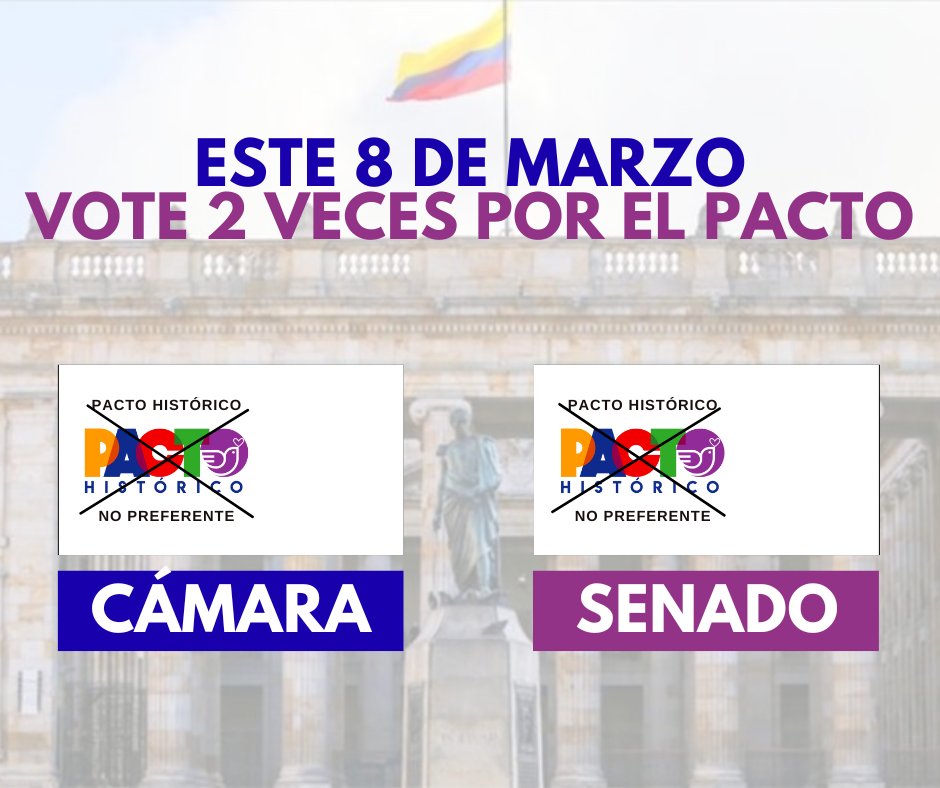 ¿Qué se vota el próximo 8 de marzo? #EleccionesCongreso

1. Vote Pacto Histórico a la Cámara. 
2. Vote Pacto Histórico al Senado. 
3. No pida ni marque ningún tarjetón de consulta presidencial. El CNE tumbó la del Frente por la Vida.

¡Y listo! 🇨🇴