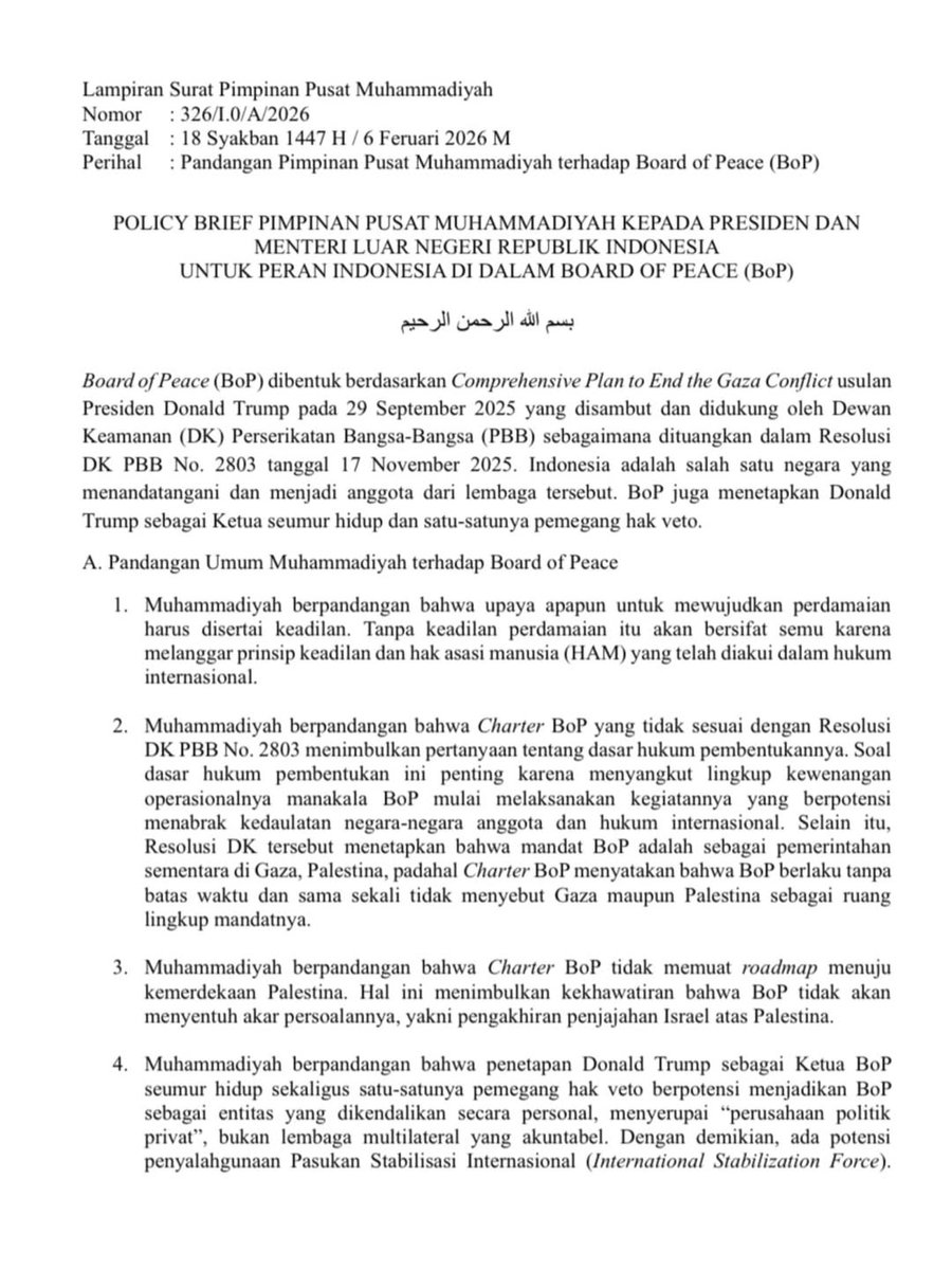 Persuasi_id's tweet photo. Sikap Muhammadiyah Melalui Lembaga Hubungan dan Kerja Sama Internasional (LHKI) Pimpinan Pusat Muhammadiyah, Terhadap Board of Peace BoP https://t.co/zUJbuqAyaO