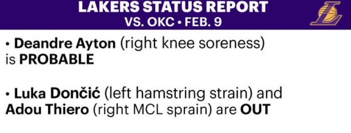 mcten's tweet photo. Luka Doncic will miss his second straight game Monday vs OKC, per the Lakers. https://t.co/d5GRXjWGS1