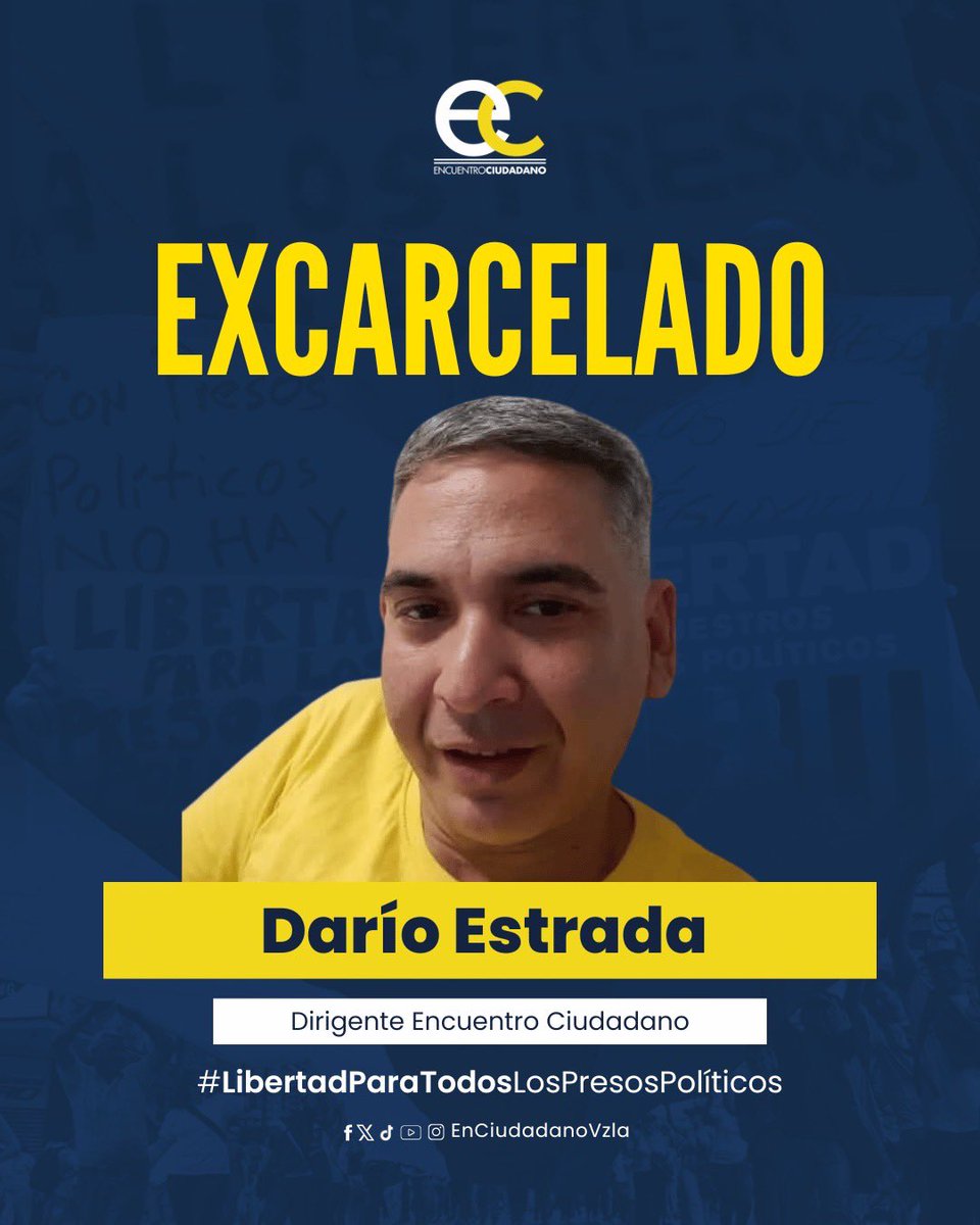 Hoy celebramos la excarcelación de nuestro dirigente, Darío Estrada, preso político venezolano que pasó más de cinco años injustamente detenido. 

Esto representa un alivio para su familia y una victoria para quienes defendemos los derechos humanos, pero también un recordatorio
