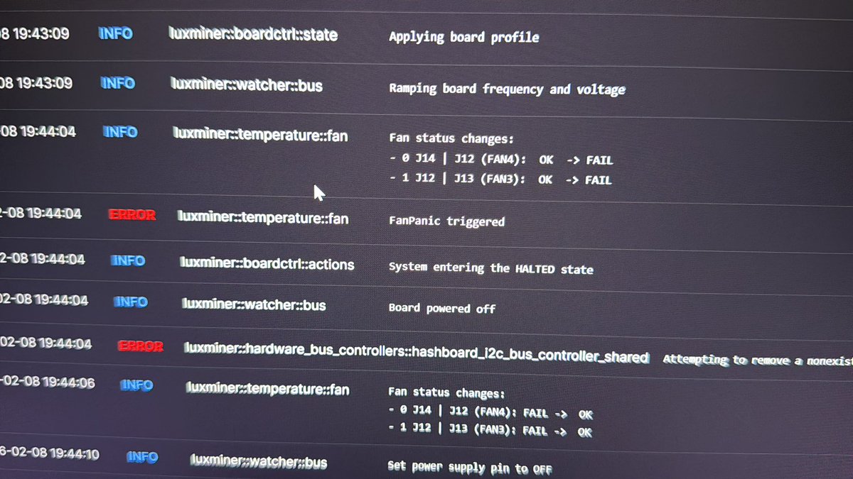 hyperhashtech's tweet image. Looks like @luxor firmware changed minimum speed fans will run at. There should be a user setting that lets you specify lowest speed as some fans won’t spin below 10% and firmware keeps erroring out and rebooting for “FanPanic Triggered”