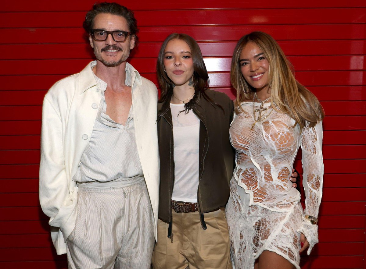 pedro pascal, young miko &amp; karol g  backstage at the super bowl