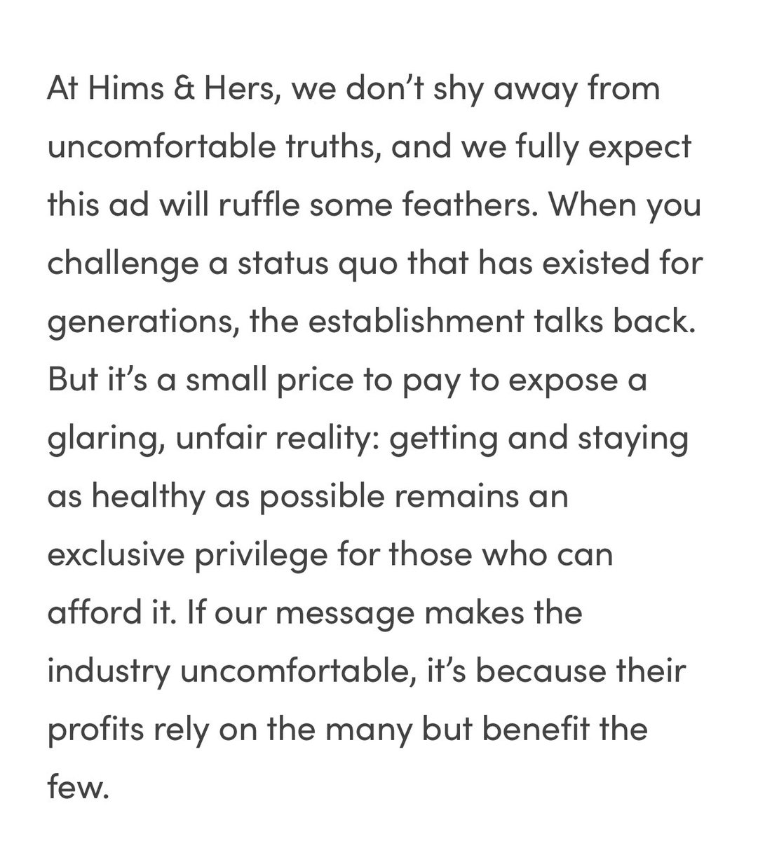 Trader_LD504's tweet photo. $HIMS 

“ If our message makes the industry uncomfortable, it’s because their profits rely on the many but benefit the few. “ https://t.co/3U0imHfpKO
