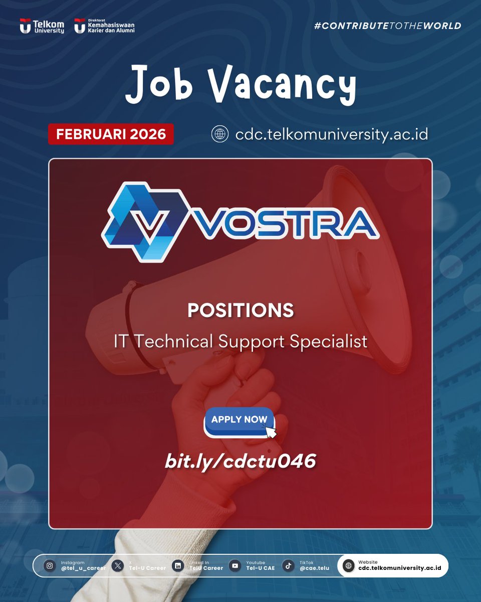 🚀 Job Vacancy Februari 2026!

VOSTRA membuka kesempatan berkarier sebagai IT Technical Support Specialist.
Siap berkembang di dunia IT dan support system? Ini saatnya!

👉 Apply now: bit.ly/cdctu046

#JobVacancy #LowonganKerja #TelUCareer #ITJobs #ContributeToTheWorld