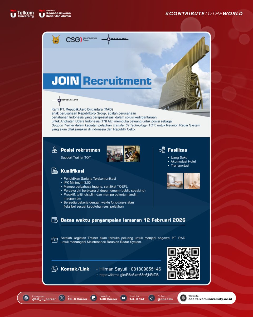 PT Republik Aero Dirgantara (RAD) membuka kesempatan rekrutmen Support Trainer TOT untuk kamu yang ingin terlibat langsung dalam pengembangan Reunion Radar System.

📅 Batas akhir lamaran: 12 Februari 2026
🔗 Daftar sekarang melalui link berikut:
👉 forms.gle/R8c6xm63n6jbRi…