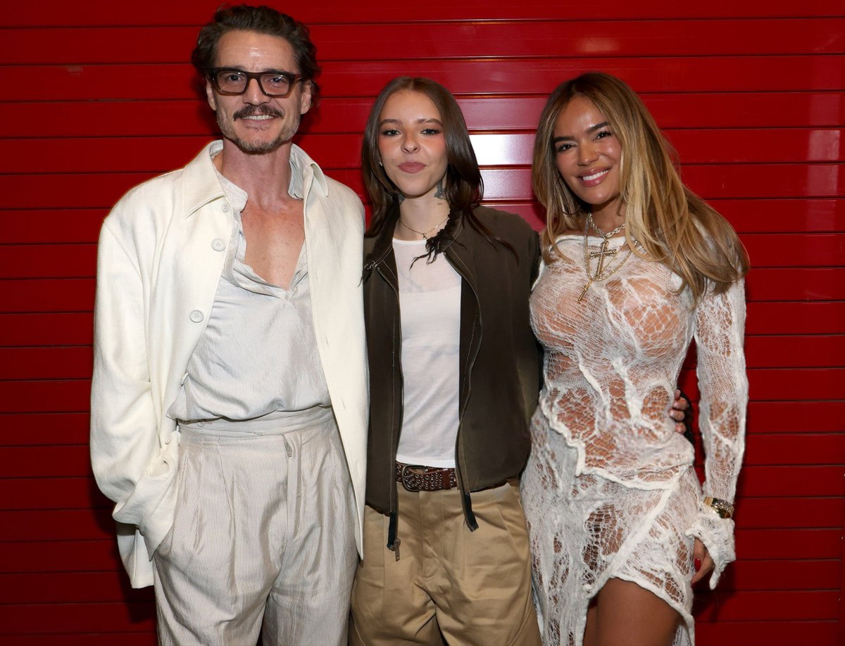 pascalarchive's tweet image. Pedro Pascal with Young Miko and Karol G at the SuperBowl