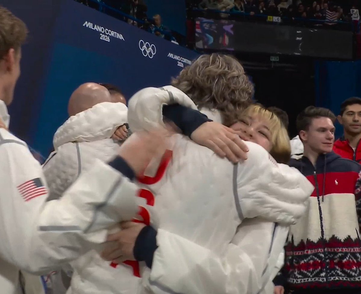 Ilia Malinin hugging Alysa Liu after winning the team event gold medal at the 2026 Olympic Winter Games!