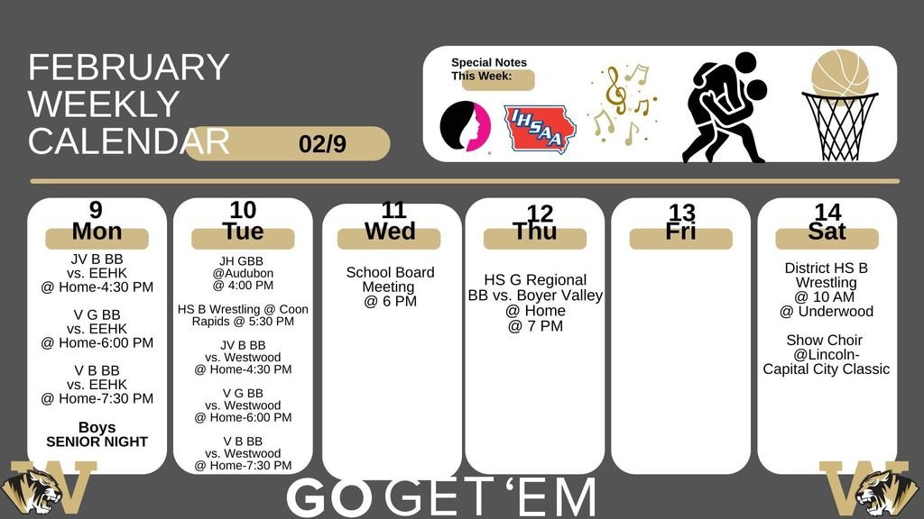 It's a busy week with the regular season winter sports wrapping up.  The girls will start their basketball postseason as well as the HS Boys Wrestling team. The HS Boys basketball pairings will come out early in the week.  GoTigers!!!  #woodbineactivities