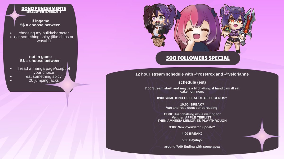 [Celebration for 500 Followers on Purple app]

12 hours stream with my cuties <a href="/Rosetrox/">Rosetroxvt 🌹🐾💜【 V-CATfe💜 】</a> and <a href="/velorianneVT/">vel 🔮🌙</a> ♥ Tuesday at 7 am est to 7 Pm ♥

I appricate you all and your support! and ill try to get hand cam sorted for it!