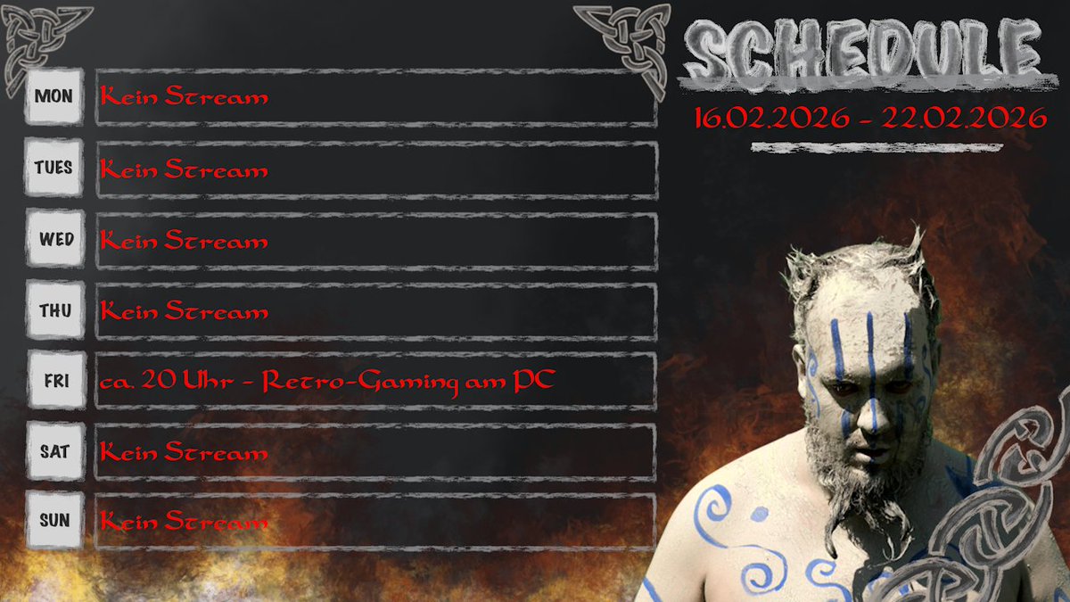 Aufgrund vom SuperBowl fast den Streamplan verpennt :D
Die Woche gehe ich es aber ruhig an, da ich unter der Woche Besuch habe und Montag, also nachher früh ins Bett geh :D Mittwoch lass ich wegen dem Besuch ausfallen.