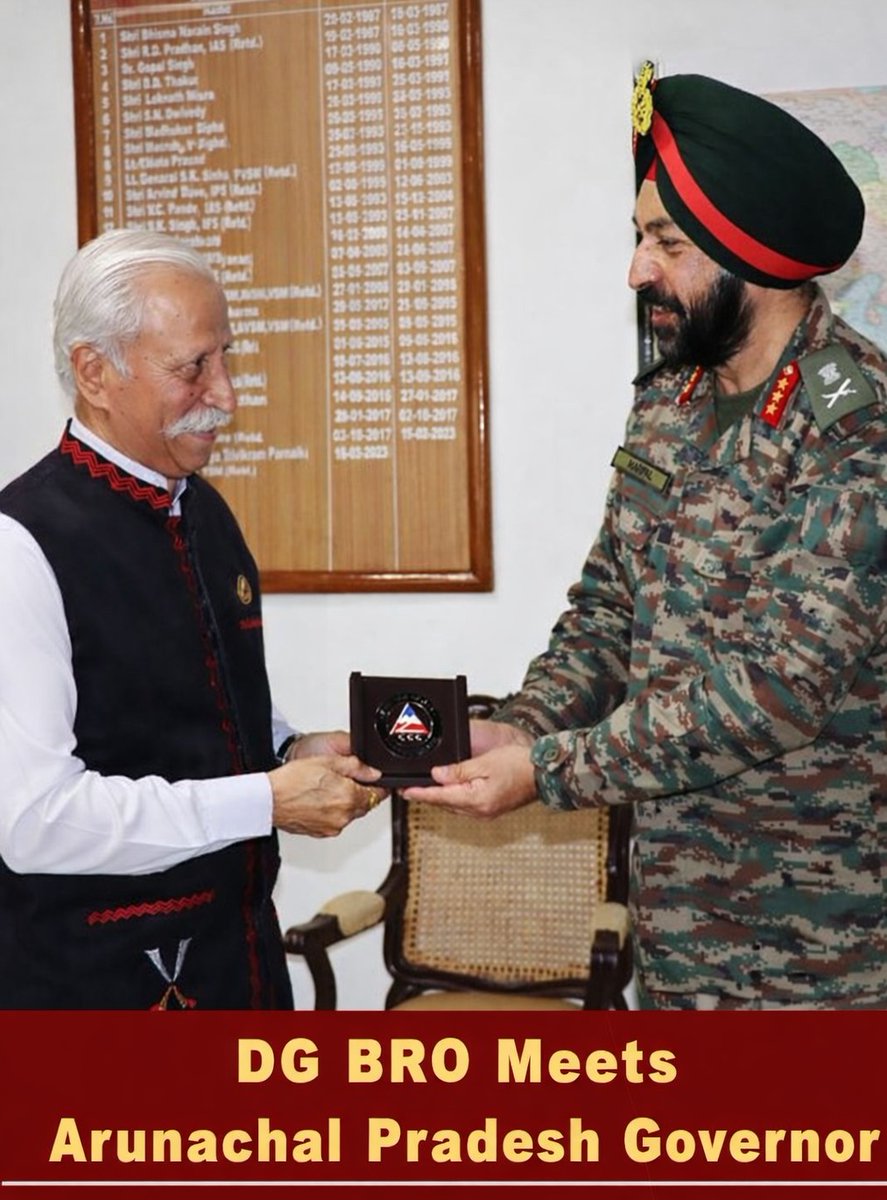 NortheastDairy1's tweet image. DG, BRO called on the Governor of Arunachal Pradesh, holding discussions on key border road projects, the Frontier Highway, and the crucial role of connectivity in accelerating border area development.
@BROindia
#BorderRoads #ArunachalPradesh #BRO #InfrastructureDevelopment