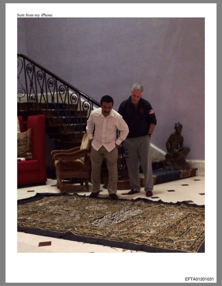 SuppressedNws1's tweet image. ⚡️BREAKING:

Part of the Kaaba’s kiswa that was sent to Jeffrey Epstein appears again in the DOJ-released files, laid out on the floor in the image.

The second image is for illustration of which part is it that is displayed in the Epstein image.