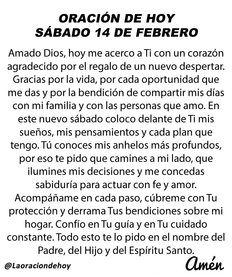 Oración diaria para hoy sábado 14 de febrero de 2026.