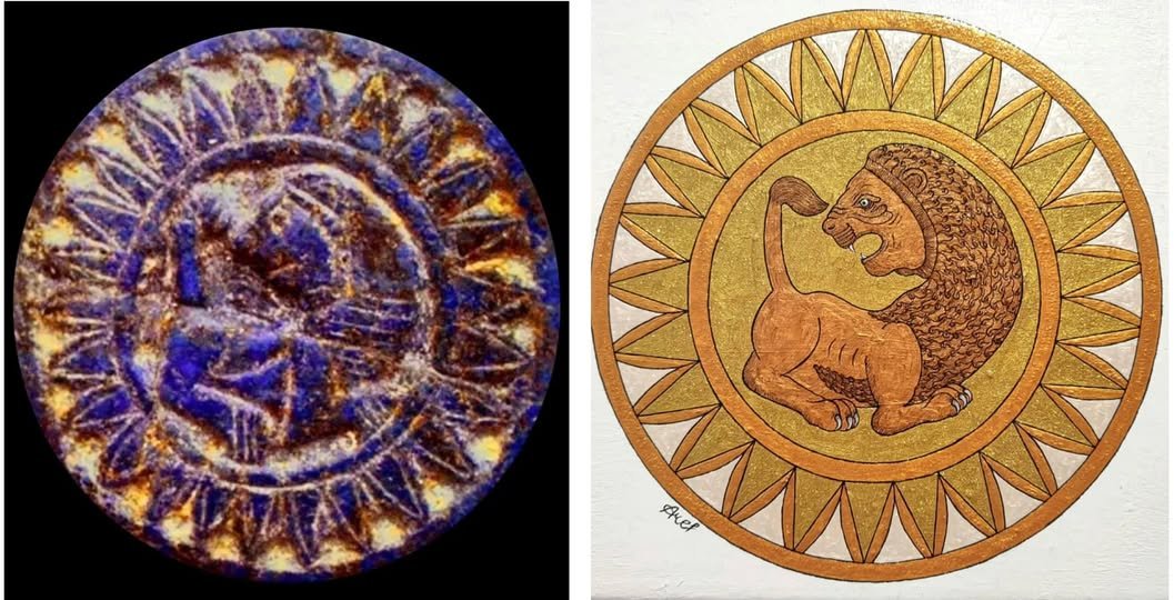 قدیمی‌ترین نمونه‌ی شناخته‌شده از نماد شیر و خورشید در ایران، مُهری لاجوردی از تمدن جیرفت یا آراتاست که بیش از پنج هزار سال قدمت دارد.  

این مهر اکنون در موزه‌ی ملی در تهران نگهداری می‌شود و شیری را نشان می‌دهد که در میان پرتوهای خورشید نشسته است، نشانه‌ای از باور ایرانیان باستان