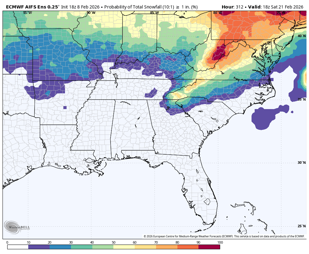 spann's tweet photo. SUNDAY NIGHT NOTES: The week ahead will be the warmest so far this year for Alabama and the Deep South with highs in the 60s and 70s.

*We see no snow or ice threat for Alabama through at least the next ten days.

*We expect no severe thunderstorms for Alabama for at least the next ten days.

A few showers are possible Wednesday, and periods of rain are possible over the weekend (Feb 14-15).