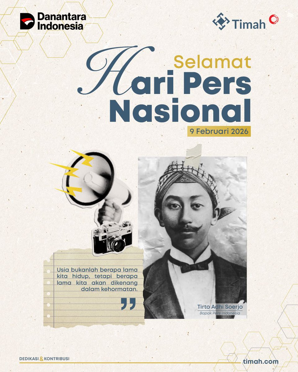 Selamat Hari Pers Nasional, 9 Februari 2026.

Terima kasih kepada insan pers yang terus menjunjung tinggi independensi, integritas, dan profesionalisme dalam menyajikan informasi yang akurat dan berimbang bagi masyarakat.

#HariPersNasional