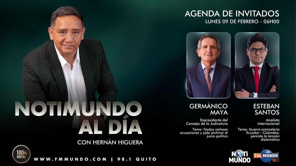🌎 #NotiMundoAlDía | La información que necesitas para iniciar la jornada, junto a <a href="/higuerahernan/">Hernán Higuera</a>. Este lunes, en diálogo con:

🎙️ <a href="/mayagermanico/">Germanico Maya</a> 
🎙️ <a href="/estebansantosl/">Esteban Santos L.</a> 
 
📻 98.1 FM #Quito

🌐 fmmundo.com