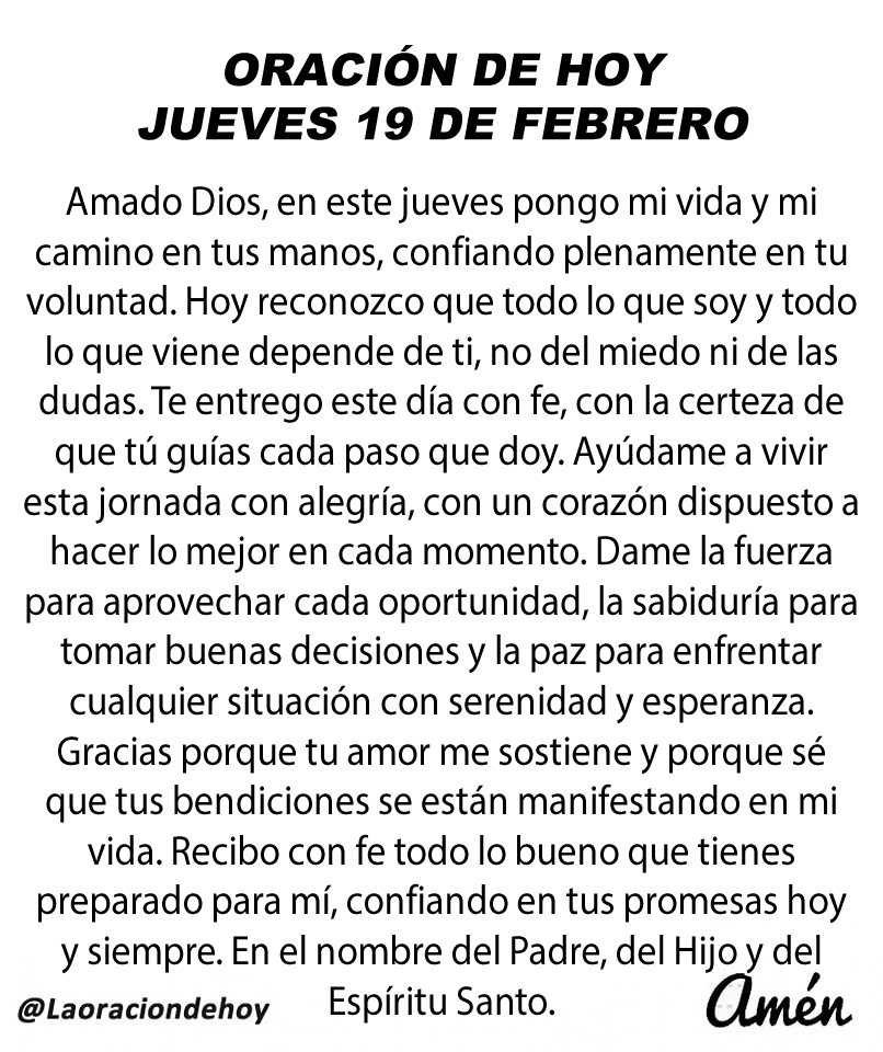 Oración diaria para hoy jueves 19 de febrero de 2026.