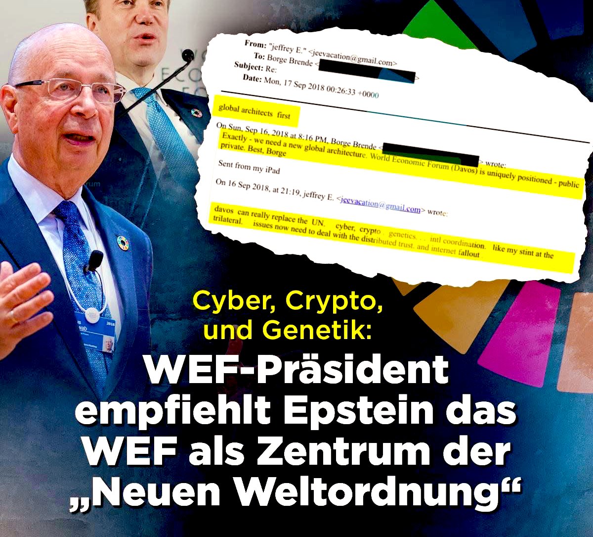 Beben im #WEF! 💥 

Der Epstein-Skandal erreicht Davos – und jetzt fliegen intern die Fetzen.
WEF-Präsident Børge Brende soll laut geleakten Mails dem Pädokriminellen Jeffrey #Epstein das WEF als neues Machtzentrum der „globalen Architektur“ angeboten haben – als Ersatz für die
