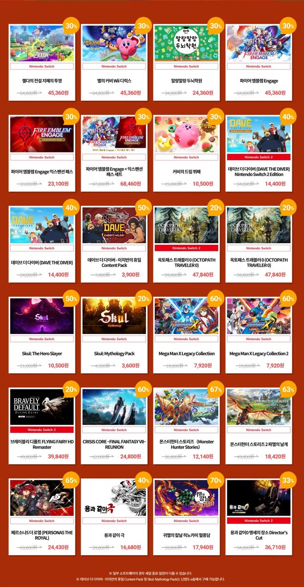 [한국 닌텐도 - 2026 설날 세일]
젤다의 전설 지혜의 투영 - 30% / 45,360원
파이어 엠블럼 Engage -30% / 45,360원
데이브 더 다이버 -40% / 14,400원
옥토패스 트래블러 0 -20% / 48,840원
스컬 -50% / 10,500원
페르소나5 더 로열 -65% / 24,430원

store.nintendo.co.kr/digital/lunarn…