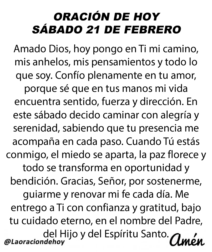 Oración diaria para hoy sábado 21 de febrero de 2026.