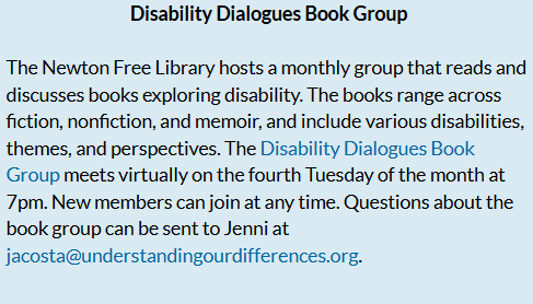 TomKindlon's tweet image. Disability Dialogues Book Group: a (virtual) monthly group that reads and discusses books exploring disability

From February 2026 Massachusetts ME/CFS &amp;amp; FM Association newsletter

massme.monkeypod.io/mailcoach/webv…

#Disabled #Disability