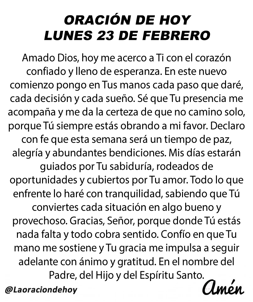 Oración diaria para hoy lunes 23 de febrero de 2026.