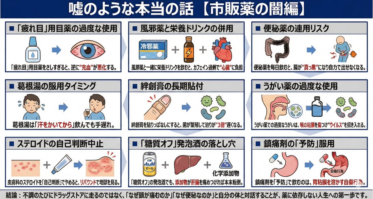 futami_zaitaku's tweet photo. 嘘のような本当の話【市販薬の闇編】(現役薬剤師監修)

・「疲れ目」用の目薬をさしすぎると、逆に”充血”が悪化する。
・風邪薬と一緒に栄養ドリンクを飲むと、カフェイン過剰で”心臓”に負担。
・便秘薬を毎日飲むと、腸が”真っ黒”になり自力で出せなくなる。
・葛根湯は「汗をかいてから」飲んでも手遅れ。
・絆創膏を貼りっぱなしにすると、菌が繁殖して治りが”3倍”遅くなる。
・うがい薬での過度なうがいは、喉の粘膜を傷つけ”ウイルス”を招き入れる。
・皮膚科のステロイドを「自己判断」でやめると、リバウンドで地獄を見る。
・「糖質オフ」の発泡酒でも、添加物が肝臓を痛めつければ本末転倒。
・鎮痛剤を「予防」で飲むのは、胃粘膜を溶かす自傷行為。

市販薬は「手軽」ですが、決して「安全」とイコールではありません。

パッケージの裏側には、必ずリスクが書いてあります。
不調のたびにドラッグストアに走るのではなく、
「なぜ頭が痛むのか」「なぜ便秘なのか」と自分の体と対話することが、
薬に依存しない人生への第一歩です。