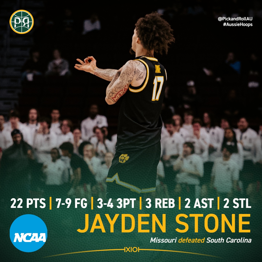 PickandRollAU's tweet photo. Missouri earned a 78-59 win over South Carolina, with graduate guard Jayden Stone turning it on!🔥
The West Australian led the Tigers with 22 points on 7-9 shooting and 3-4 from three-point territory in the big win.
#AussieHoops #NCAAMBB https://t.co/b5Gx8e2cGJ