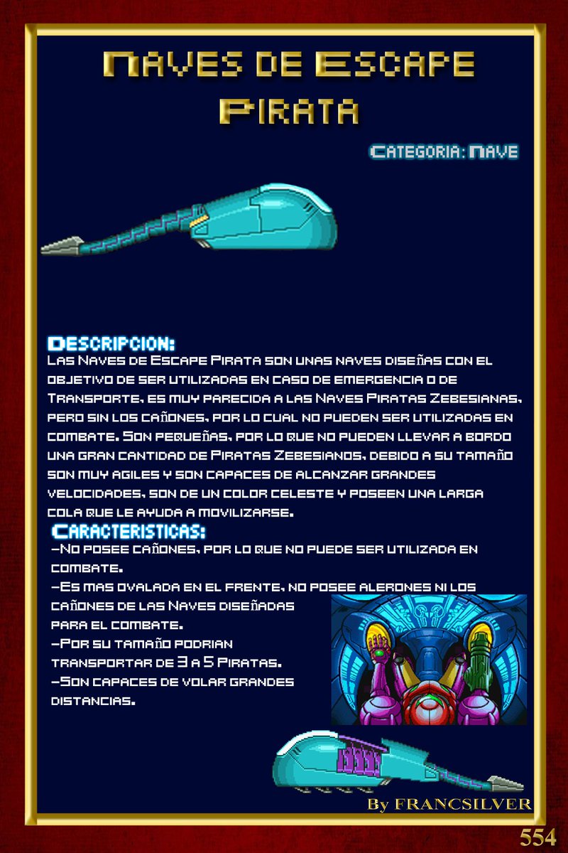 Francsilver_'s tweet photo. Capítulo CCLXXV: Naves de Escape Pirata
Metroid Biology (Clasicos) 
La Nave utilizada por Samus para Escapar de Zebes en Metroid Zero Mission
#metroid #nintendo #nintendoswitch #samusaran https://t.co/BgpO5SAuTm