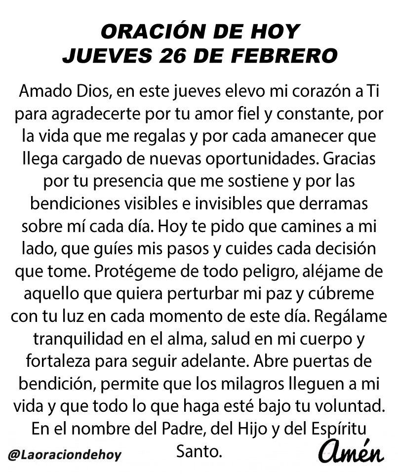 Oración diaria para hoy jueves 26 de febrero de 2026.