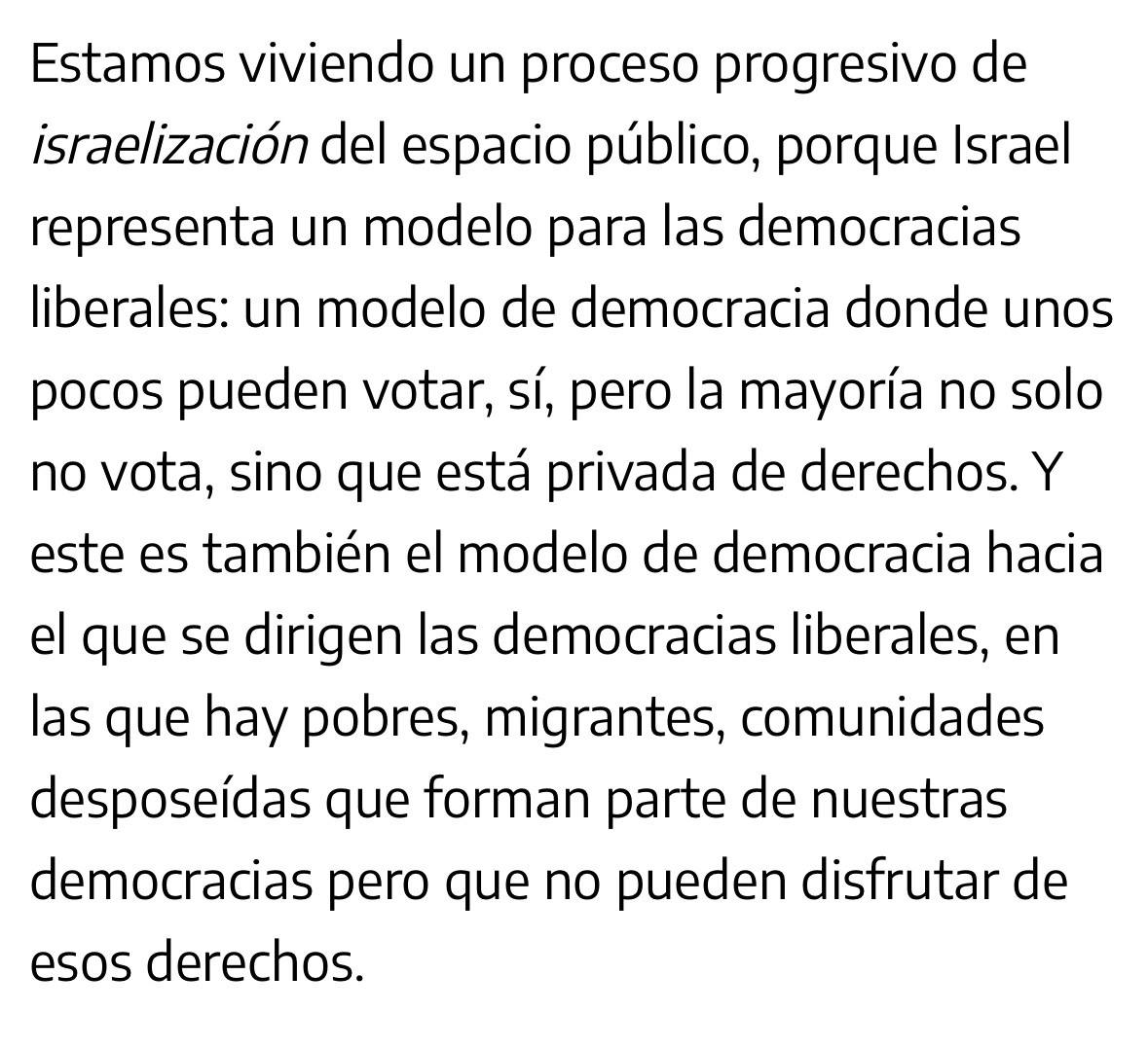 "Las democracias liberales se dirigen hacia el modelo israelí, con vigilancia, control y gente sin derechos: pobres, migrantes, comunidades desposeídas, etc" 

ENTREVISTA | Francesca Albanese, relatora de la ONU para Palestina
➡️eldiario.es/internacional/…