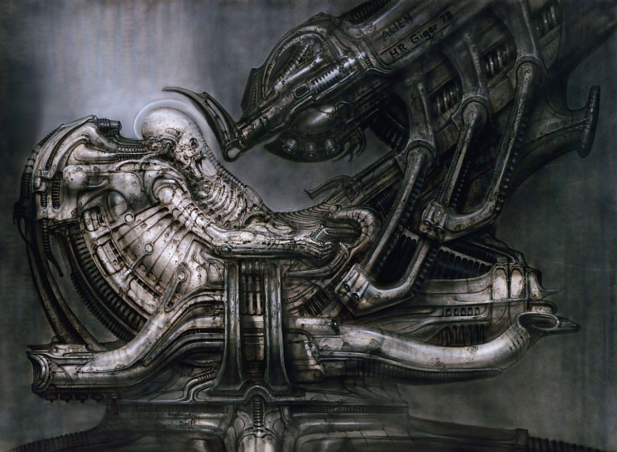 RJCrowtherJr's tweet image. H.R. Giger's original concept art for the Space Jockey in Alien and photos of him sculpting and painting the magnificent prop. #HRGiger