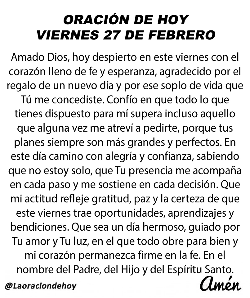Oración diaria para hoy viernes 27 de febrero de 2026.
